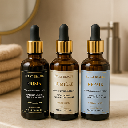 ÉCLAT Paris Hair Ritual Trio – Growth, Shine & Repair Oils
